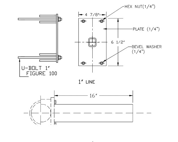 Drawing for IS-665 U-Bolt Mount w/ Sq. Leg for 1" Dia. Line
